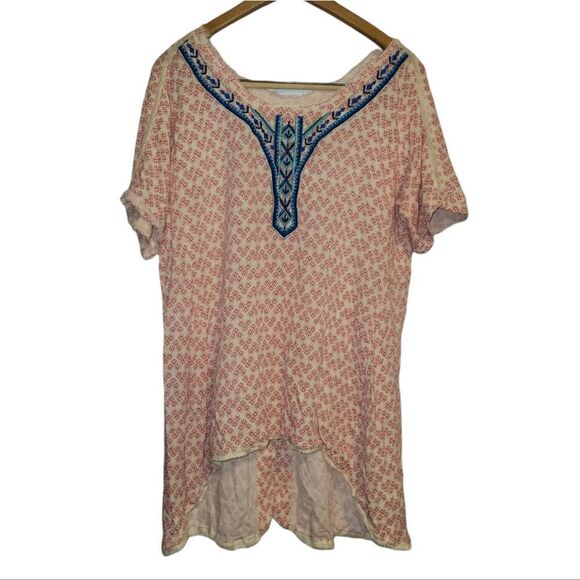 Anthropologie Embroidered Split Back IKAT embroidered Short Sleeve Tunic Top M - Picture 4 of 16